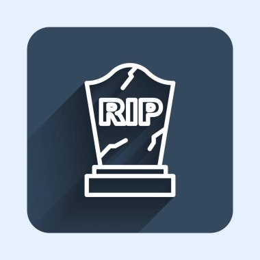 Üzerinde RIP yazılı beyaz çizgi Tombstone uzun gölge arkaplan izole ikonu. Mezar ikonu. Mutlu Cadılar Bayramı Partisi. Mavi kare düğme. Vektör