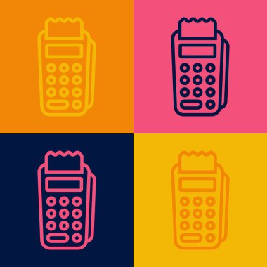 Eklenmiş kredi kartı ve basılı alıcı simgesi olan POS terminali renk arkaplanına izole edildi. NFC ödeme konsepti. Vektör