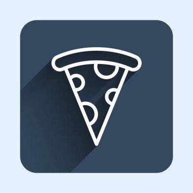 Beyaz çizgili pizza dilimi uzun gölge arkaplanı ile izole edilmiş. Fast food menüsü. Mavi kare düğme. Vektör