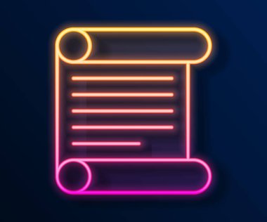 Parlayan neon çizgisi Kararname, kağıt, parşömen, parşömen simgesi siyah arkaplanda izole edilmiş. Vektör