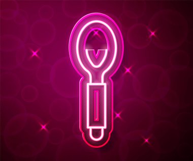 Parlayan neon çizgisi kaşık simgesi kırmızı arkaplanda izole edildi. Mutfak aletleri. Çatal bıçak seti. Vektör