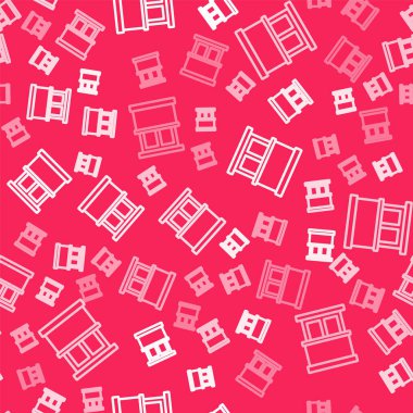 Oda simgesinde perdeleri olan beyaz çizgi penceresi kırmızı arkaplanda izole edilmiş pürüzsüz desen. Vektör