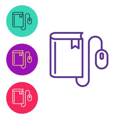 Beyaz arkaplanda fare simgesi izole edilmiş Elektronik kitap satırını ayarla. Çevrimiçi eğitim kavramı. E-kitap rozet ikonu. Simgeleri renklendirin. Vektör