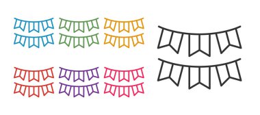 Beyaz arkaplanda izole edilmiş bayrak simgesiyle Karnaval çelengi hattı oluşturun. Doğum günü kutlaması için parti flamaları, festival dekorasyonu. Simgeleri renklendirin. Vektör
