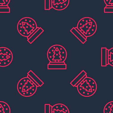 Kar yağan kırmızı çizgili Noel kar küresi ve Noel ağacı ikonu siyah arka planda izole edilmiş pürüzsüz desen. Mutlu Noeller ve mutlu yıllar. Vektör