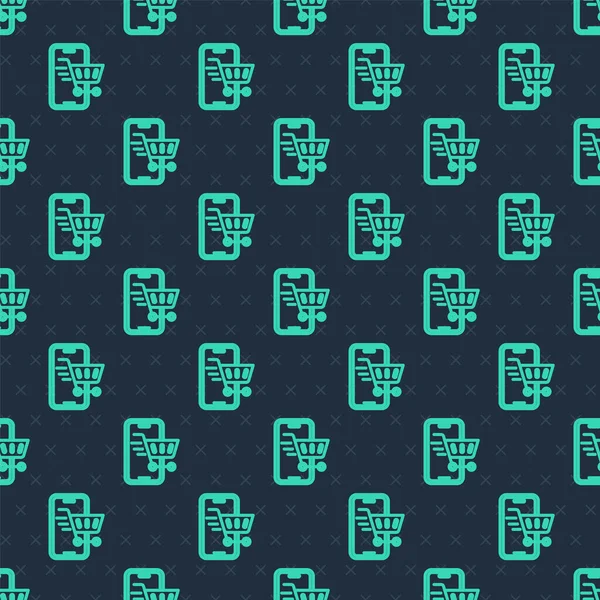 Зеленая линия Мобильный телефон и корзина значок изолированы плавный узор на синем фоне. Символ онлайн-покупки. Символ супермаркета. Вектор — стоковый вектор