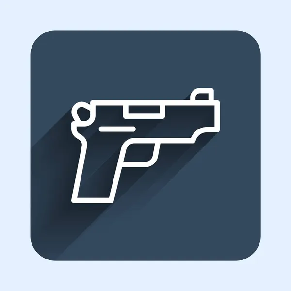 Bílá čára Pistole nebo zbraň ikona izolované s dlouhým stínovým pozadím. Policejní nebo vojenská zbraň. Malá zbraň. Modré tlačítko. Vektor — Stockový vektor