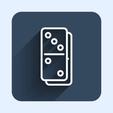 Beyaz çizgi Domino simgesi uzun gölge arkaplanı ile izole edildi. Mavi kare düğme. Vektör