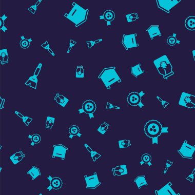 Arıcılık fırçası, kavanoz bal ve dipper çubuğu, arılar için kovan ve bal ödülünü kusursuz desenlere göre ayarla. Vektör