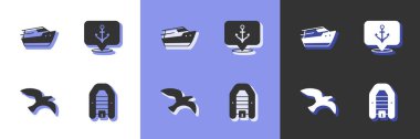 Motor, sürat teknesi, martı ve Anchor simgesiyle şişirilebilir tekne ayarlayın. Vektör