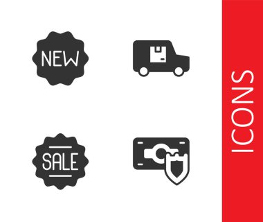 Kalkanlı Para, Yeni Fiyat etiketi, Satış ve Teslimat kargo kamyonu ikonu. Vektör