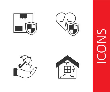 House 'u, teslimat güvenliğini rozetli, şemsiyeli ve hayat sigortası ikonlu ayarla. Vektör
