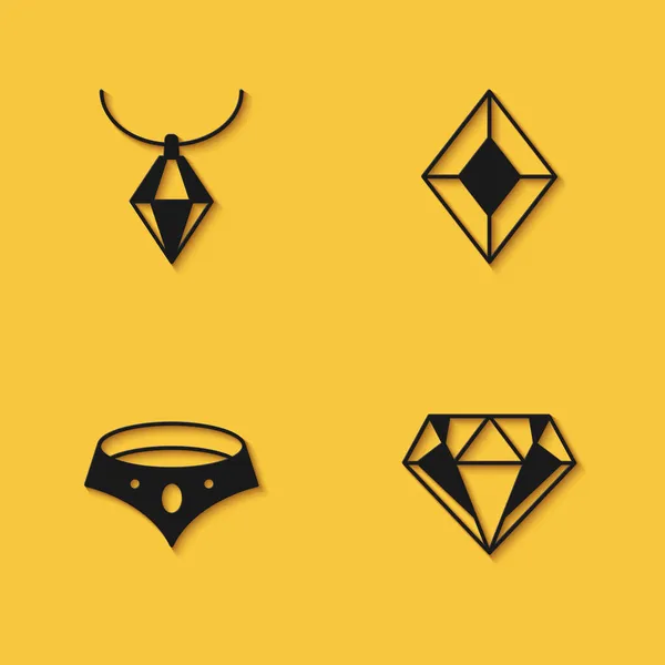 Set Pendant pada kalung, Diamond, Necklace dan Gem ikon batu dengan bayangan panjang. Vektor - Stok Vektor