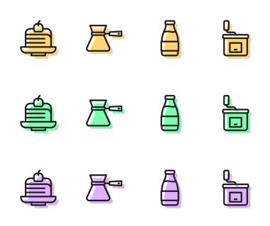 Süt şişesi, kek dilimi, Türk kahvesi ve manuel kahve öğütücü ikonu. Vektör