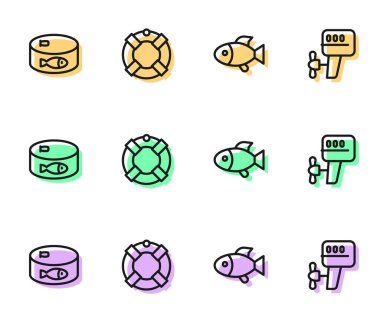 Fish, Konserve Fish, Lifebuoy ve Outboard bot motor ikonu. Vektör