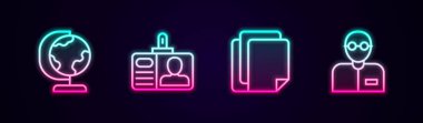 Dünya küresi, kimlik kartı, dosya belgesi ve öğretmen ayarlayın. Parlayan neon ikonu. Vektör