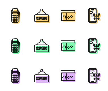 Satır marketi, POS terminali, metin Açık ve Mobil alışveriş arabası simgesi ile asılma işareti. Vektör