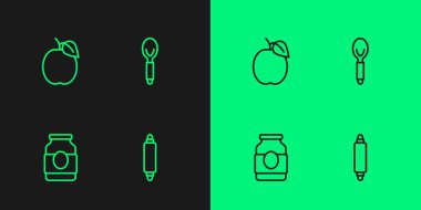 Yuvarlanan iğne, reçel kavanozu, erik meyvesi ve kaşık ikonu. Vektör