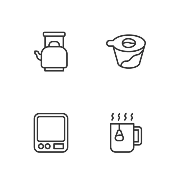 Set line Taza de té con bolsa, básculas de café electrónicas, mango de la tetera y verter sobre icono fabricante. Vector — Vector de stock