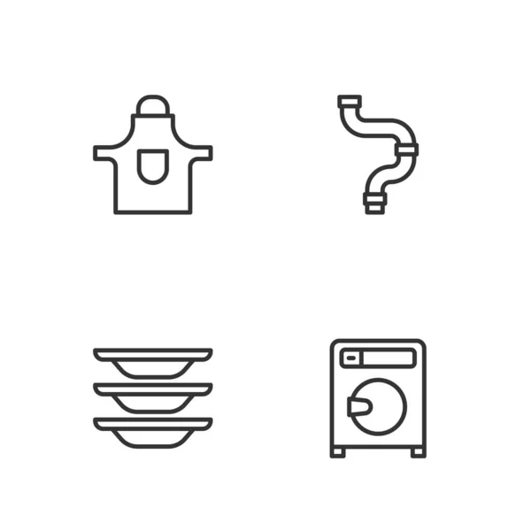 Set line Laveuse, lave-vaisselle, tablier de cuisine et icône de tuyau métallique de l'industrie. Vecteur — Image vectorielle