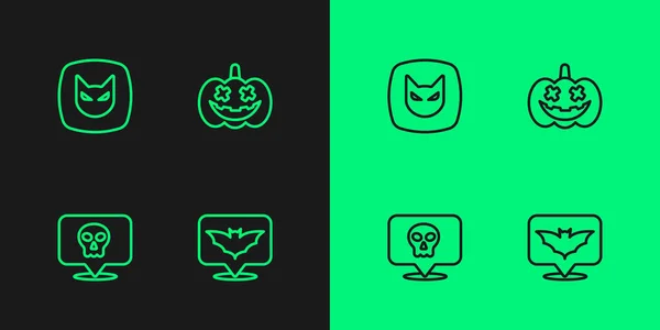 Set line Flying bat, Skull, Black cat and Pumpkin icon. Vector — Stock Vector