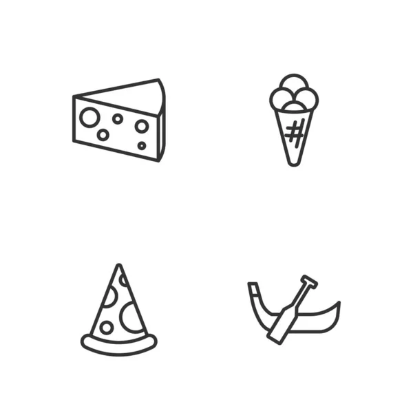 Set line Gondola boat, Slice of pizza, Cheese and Ice cream in waffle icon. Vector — Stock Vector