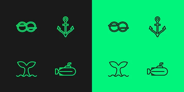 Definir linha Submarino, cauda de baleia, nós de corda náutica e ícone de âncora. Vetor —  Vetores de Stock