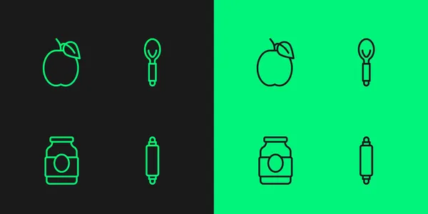 Set line Rolling pin, Jam jar, Plum fruit and Spoon icon. Vektor — Stockový vektor