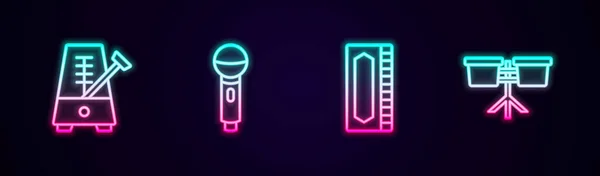 Set line Metronome with pendulum, Microphone, Harmonica and Bongo drum. Glowing neon icon. Vector — Stock Vector