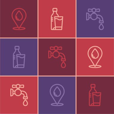 Hattı su damlası ile konumlandırın, musluk suyu ve bir şişe su camı ikonu. Vektör