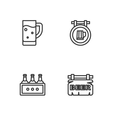 Bira, bira şişeleri, cam ve ikon ile sokak tabelasını ayarla. Vektör