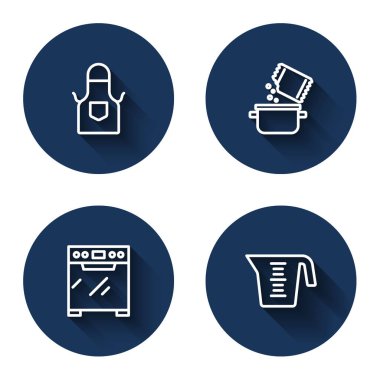 Sabit mutfak önlüğü, tencere ve baharat, uzun gölgeli fırın ve ölçü kabı. Mavi daire düğmesi. Vektör