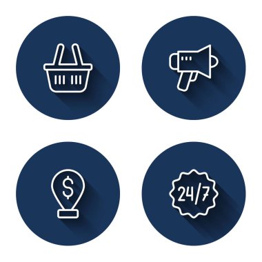 Hat çizgisi alışveriş sepeti, megafon, nakit konum ve uzun gölgeli 24 saat. Mavi daire düğmesi. Vektör