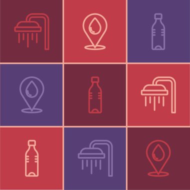 Duş hattını, bir şişe suyu ve su damlasını konum ikonuyla ayarla. Vektör