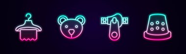 Sıralı elbise dolabı, pelüş oyuncak, dikiş dikmek için fermuar ve yüksük. Parlayan neon ikonu. Vektör