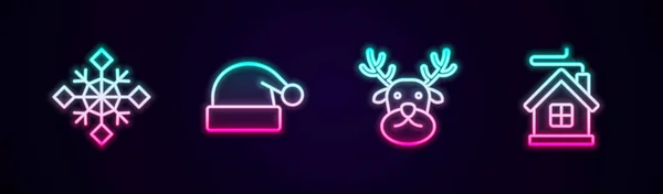 Definir linha floco de neve, chapéu de Natal Papai Noel, renas e casa alegre. Ícone de néon brilhante. Vetor — Vetor de Stock