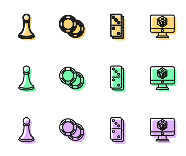 Set line Domino, Chess pawn, Casino chips and Game dice icon. Вектор — стоковый вектор