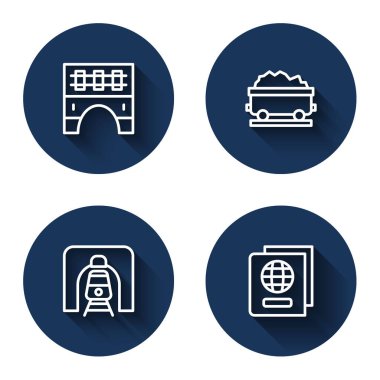 Tren, kömür vagonu, tren yolu tüneli ve uzun gölgeli pasaport için köprüyü ayarlayın. Mavi daire düğmesi. Vektör