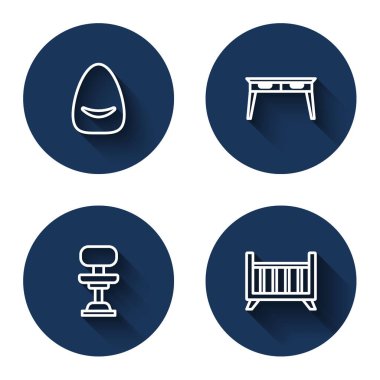 Sırayı ayarla Pouf, ofis masası, sandalye ve uzun gölgeli bebek karyolası. Mavi daire düğmesi. Vektör