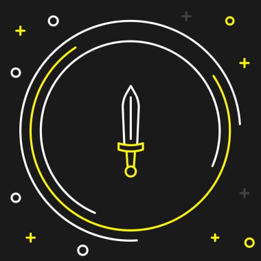 Ortaçağ kılıç simgesi siyah arka planda izole edildi. Ortaçağ silahı. Renkli taslak konsepti. Vektör