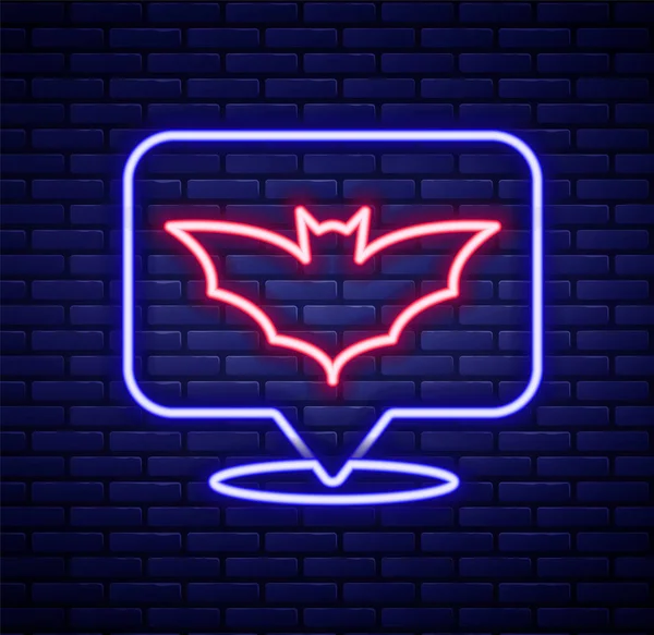 Glödande neon linje Flying bat ikon isolerad på tegelvägg bakgrund. Glad halloweenfest. Färgstarkt skisskoncept. Vektor — Stock vektor