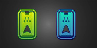 Şehir haritası yön bulma simgesinin yeşil ve mavi bilgileri siyah arkaplanda izole edildi. Mobil Uygulama Arayüzü tasarımı. Coğrafi konsept. Vektör