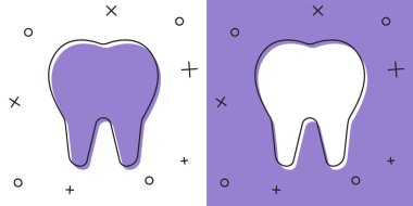 Diş simgesini beyaz ve mor arkaplanda izole et. Diş hekimliği kliniği veya diş hekimliği merkezi ve diş macunu paketi için diş sembolü. Vektör