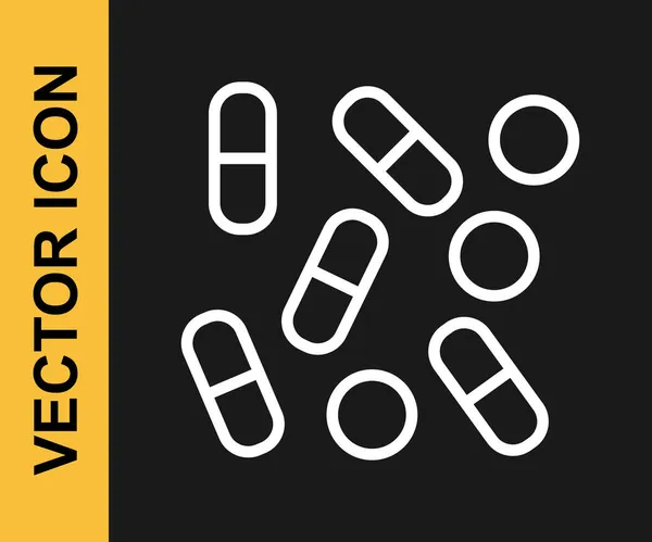 Ligne blanche bouteille de pilule médicale icône de biopiratage isolé sur fond noir. Biopiratage de pharmacie. Vecteur — Image vectorielle