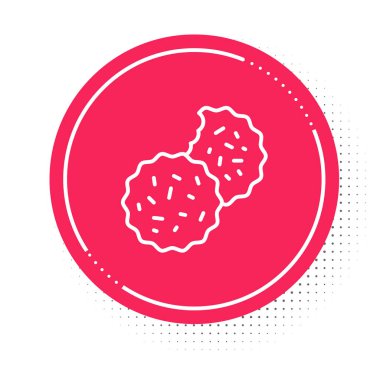 Beyaz çizgili kurabiye ya da beyaz arka planda çikolata ikonlu bisküvi. Kırmızı daire düğmesi. Vektör