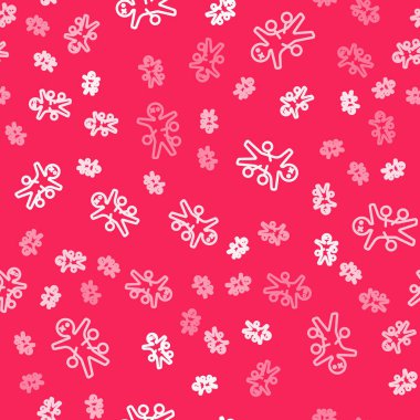 Beyaz çizgi Voodoo bebek ikonu kırmızı arkaplanda izole edilmiş pürüzsüz desen. Mutlu Cadılar Bayramı Partisi. Vektör