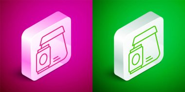 Çevrimiçi Isometric hattı sipariş ve fast food dağıtım ikonu pembe ve yeşil arka planda izole edildi. Gümüş kare düğme. Vektör