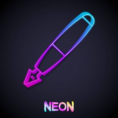 Parlayan neon hattı Çeşme ucu simgesi siyah arkaplanda izole edildi. Kalem aleti işareti. Vektör