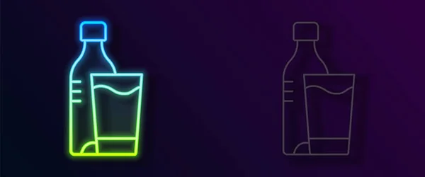Linha de néon brilhante Garrafa de água com ícone de vidro isolado no fundo preto. Sinal de bebida com refrigerante. Vetor — Vetor de Stock