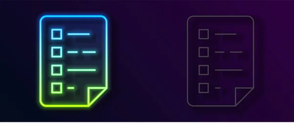 Gloeiende neon lijn Klembord met checklist pictogram geïsoleerd op zwarte achtergrond. Controlelijstsymbool. Enquête enquête of vragenlijst feedback formulier. Vector — Stockvector